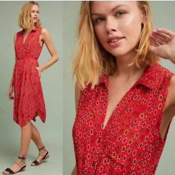 Anthropologie Maeve Vicki Red Sleeveless Button-down Shirt Dress Red Geometric 9 - Picture 16 of 16
